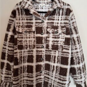 H&M Brown + White Plaid Sherpa Jacket